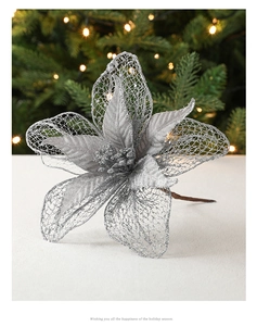 Detailed view of silver glitter hollow artificial flower decoration for Christmas tree