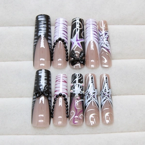 French black bow long coffin press on nails with zebra stripes and glitter accents