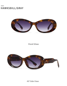 Detail view showing front and side angles of hawksbill tortoiseshell oval sunglasses
