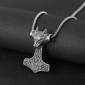 Vintage punk wolf head and Mjolnir pendant on a stainless steel square box chain