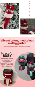 Detail of Christmas apple gift bags with velvet plush fabric and pearl bow accents