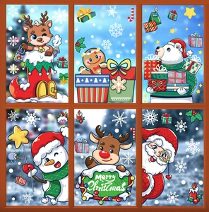 Detaillierte Weihnachtsfensteraufkleber mit Weihnachtsmann und Rentier auf sechs Fenstern