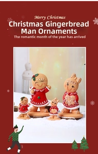 Close-up of four resin gingerbread man figurines with realistic cookie texture in snow scene