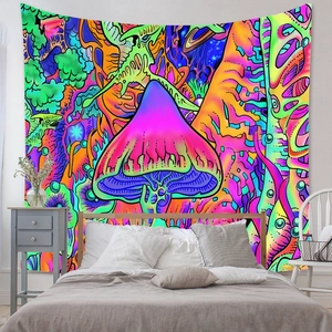 Macro detail of bohemian psychedelic mushroom tapestry as a bedroom wall decoration