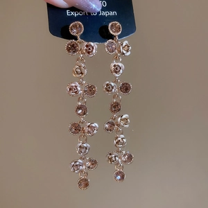Detailed macro view of sparkling rose gold floral drop earrings with tassel and rhinestones