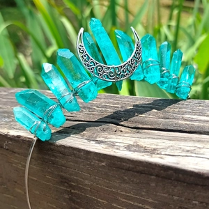 Handmade boho crown headband with blue crystals and silver crescent moon accessory