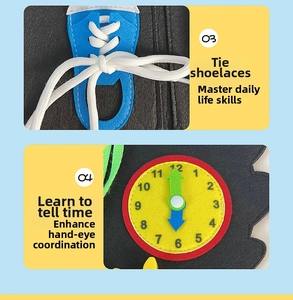 Detail of Montessori felt busy board showing shoelace tying and teaching clock functions