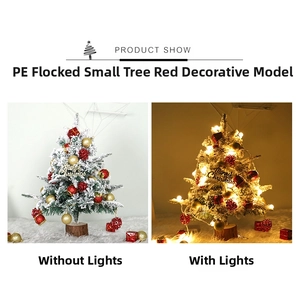 Mini PE flocked Christmas tree with LED lights on a wood base, showing on/off lighting effects