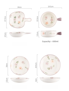 Detailed size chart for floral ceramic dinnerware set including bowls and plates