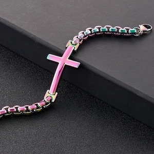 Rainbow plated titanium steel cross bracelet for men with chunky chain links on black stone