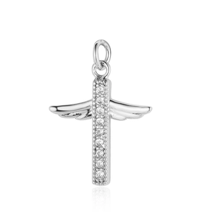 Detailed view of silver winged cross pendant with sparkling clear zircon inlay stones