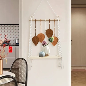 Bohemian hand-woven wall shelf with macrame leaf tassels and wood storage board