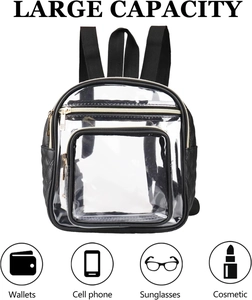 Detail view of large capacity transparent PVC backpack with black trim and storage icons