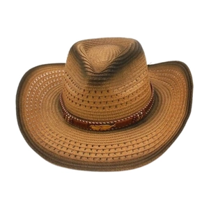 Detail of bohemian straw cowboy hat with vintage brown weave and golden feather buckle