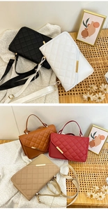 Detail of quilted leather crossbody bags in five colors with sleek metal accents