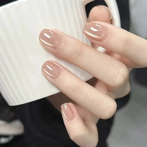 Press On Nails Cat Eye Shimmer Glossy Short Square Round Fake Nails Nude Pink Elegant Removable For Women Daily Wear