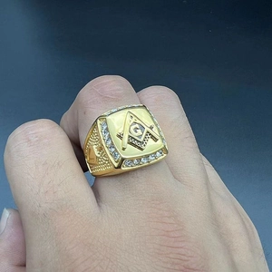 Classic Freemason AG gold plated titanium steel ring with sparkling crystals for men