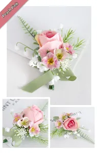 Detailed close-up of peach pink silk rose boutonniere with green leaves for weddings