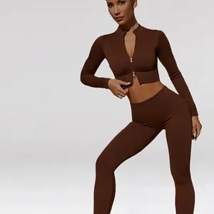 Seamless Ribbed Yoga Workout Outfit Zip Up Long Sleeve Top And High Waist Scrunch Butt Lifting Leggings Fitness