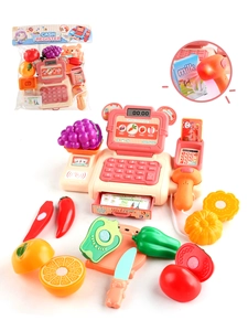 Detail of toy cash register set showing scanning gun light effect and colorful play food