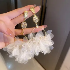 Large White Flower Dangle Earrings With Silver Earring Post Alloy Organza Mesh Petal Rhinestone Elegant Wedding Jewelry
