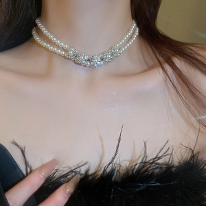 Elegant double-layered pearl choker necklace with rhinestone flower pendant for women