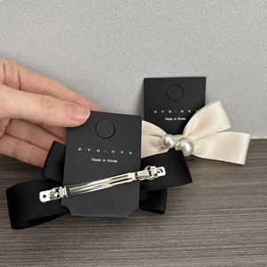 French style satin bow hair clip with pearls for women, set of black and beige elegant clips
