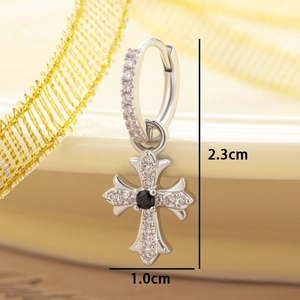 Vintage silver-tone cross drop hoop earrings with zircon stones and a black center gem