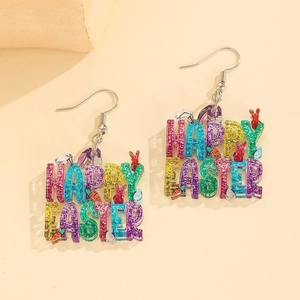 Detail of Happy Easter glitter acrylic drop earrings with bunny and colorful letters