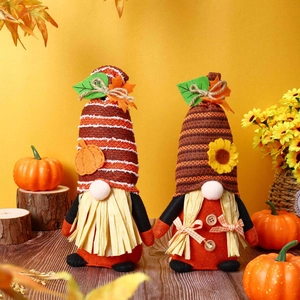 Harvest Festival plush gnomes set with pumpkin and maple leaf fall decorations