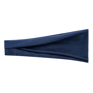 Detail of navy blue elastic sports headband showing soft knitted texture and flexible fabric