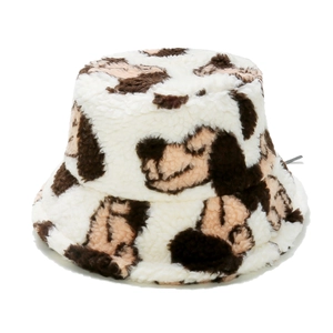Winter plush bucket hat in cream white with brown spots featuring cute puppy prints