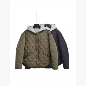 Women Hooded Quilted Jacket Diamond Pattern Contrast Hood Padded Coat Long Sleeve Casual Lightweight Outerwear