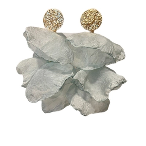 Elegant gold round textured stud earrings with light blue layered chiffon flower tassels