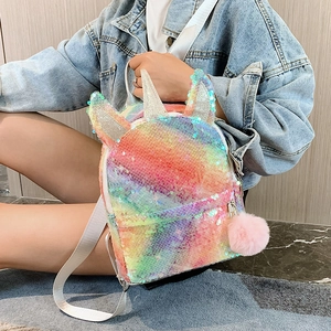 Rainbow sequin unicorn backpack for girls with silver horn and pink fluffy pompom charm