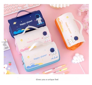Close-up of astronaut themed pencil cases with three zippers and a soft carry handle
