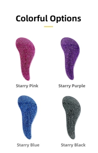 Close-up of four portable detangling hair brushes in starry pink, purple, blue, and black