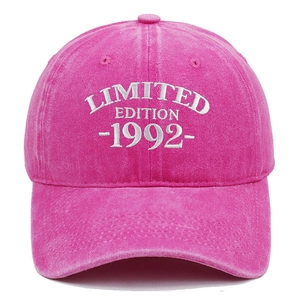 Detail of rose red washed cotton baseball cap with white 1992 Limited Edition embroidery