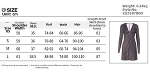 Detailed size chart for V-neck polka dot long sleeve mini dress in centimeters