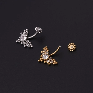Sparkling crystal flower belly button rings in silver and gold surgical steel finish