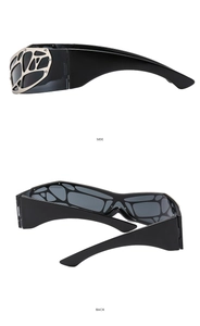 Side and back view of Y2K wrap-around sunglasses with hollow metal side patterns