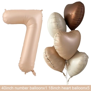 Detail view of 40-inch number 7 foil balloon with matte cream and heart balloons set