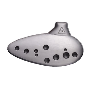 Exquisite silver metal Zelda Ocarina of Time with Triforce symbol on a white background