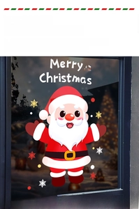 Close-up of Merry Christmas window sticker with Santa Claus and snowflakes for festive decor