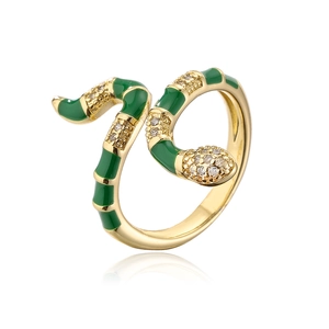 Detailed view of snake ring with green enamel and 18K gold plated zircon finish