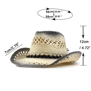 Handmade western cowboy straw hat with gradient trim and wooden beads decoration