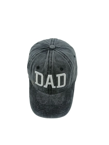 Top-down view of a vintage washed cotton baseball cap with white 3D DAD embroidery detail