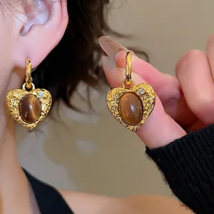 Vintage Heart Drop Earrings Gold Plated Hammered Texture With Tiger Eye Stone And 925 Sterling Silver Earring Post