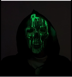 Glow-in-the-dark green skull mask with black cloak for Halloween party costume