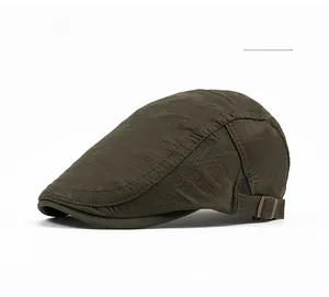 Detail of army green breathable mesh flat cap with adjustable metal side buckle